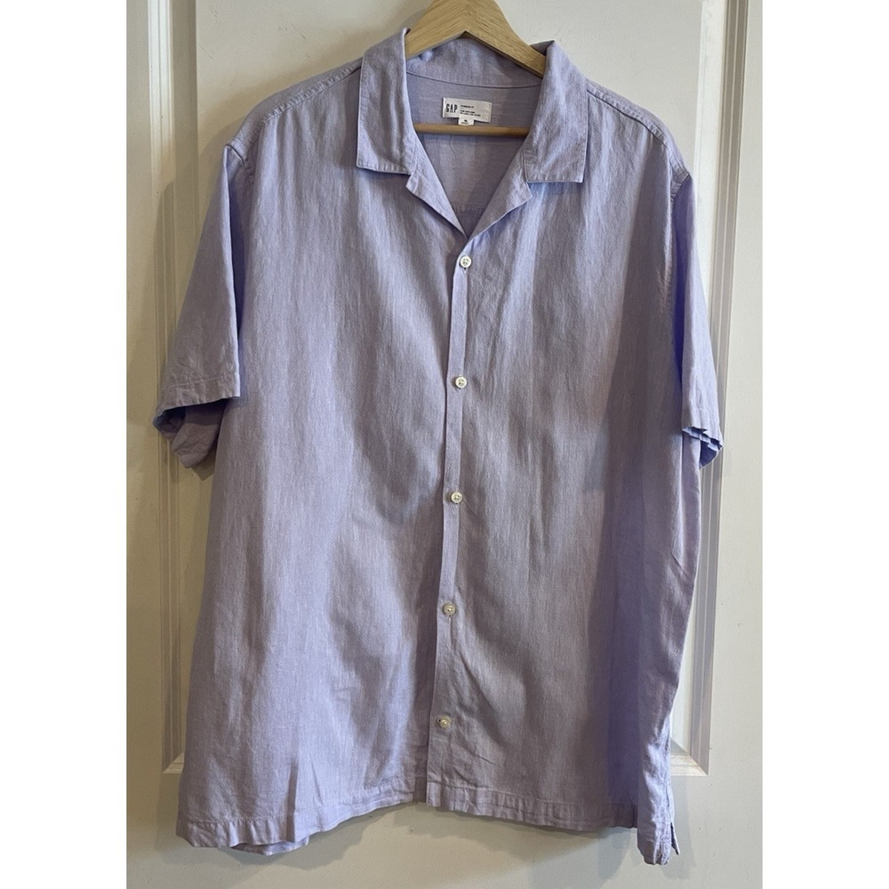 GAP‎ Men's Button Up Beach Shirt Size XL LINEN Lavender Purple Short Sleeve Top